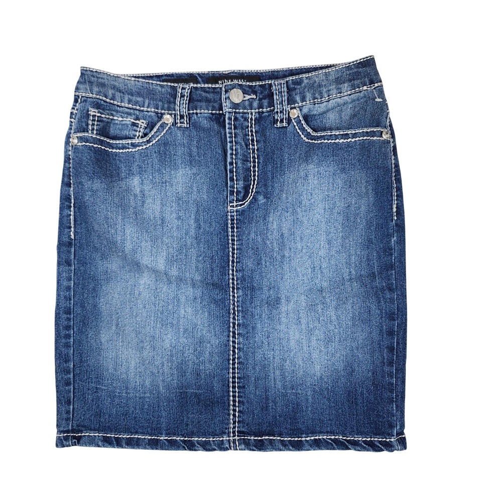 Nine West Jeans Denim Skirt Blue Embroidered Rhinestone Contrast Stitch Size 6